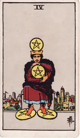 Четвёрка Пентаклей (Four of Pentacles) — карта Таро колоды Уэйта-Смит