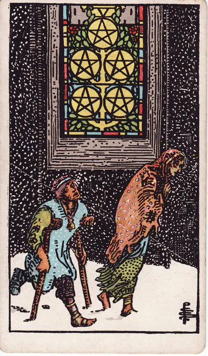 Пятёрка Пентаклей (Five of Pentacles) — карта Таро колоды Уэйта-Смит
