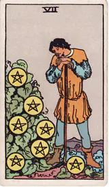 Семёрка Пентаклей (Seven of Pentacles) — карта Таро колоды Уэйта-Смит