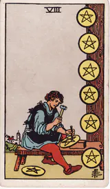 Восьмёрка Пентаклей (Eight of Pentacles) — карта Таро колоды Уэйта-Смит