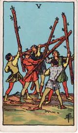 Пятёрка Жезлов (Five of Wands) — карта Таро колоды Уэйта-Смит
